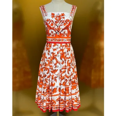 Top Quality New Strap Dress 2026 Autumn Women Sexy Spaghetti Strap Orange Floral Print Big Button Deco Sleeveless Party Dress
