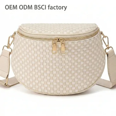 Trendy Woven Checkered Crossbody Bum Bag for Women PU Leather Checkered Purse Fanny Packs Belt Bag