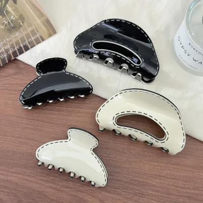 Extra Fashion Cream Style Hand Painted Daily Japan Korean Style Hair Clip Half-Up Shark Claw Acetate Hollow Semi-Circle