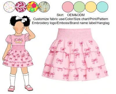Summer Tiered Ruffle Bow Print Girls Skirt Smocked Elastic Waist Cotton Breathable Casual Kids Layered Flared Cake Skirt Cute