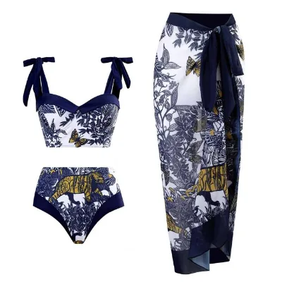 Female Retro Patchwork Print Chic 3 Piece Push up Swimsuit Holiday Beach Dress Designer Bathing Suit Summer Surf Wear