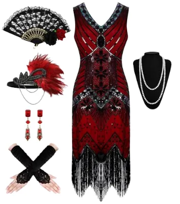 Women's 1920s Flapper Dress Vintage Great Gatsby Costume Fringed Sequin Dress with 20s Accessories Set Cocktail Dress S-3XL