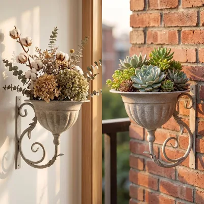 French Rural Vintage Distressed Tile Gray Wall Iron Flower Vase Succulents Pot Plant Shelf for Villa Farmhouse Balcony Courtyard
