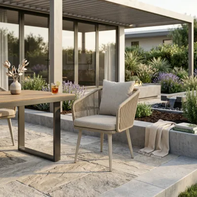 BSCI Modern Outdoor Woven Rope Dining Chair Curved Enveloping Armrest Weatherproof Rope Accent Chair