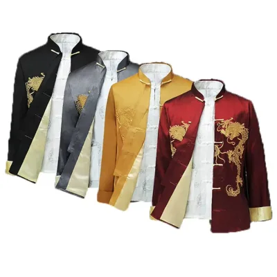New Autumn Chinese Style Men's Jacket Dragon Embroidery Traditional Hanfu Costume Casual Business Sirloin Polyester Blend
