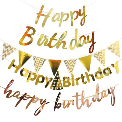 Baby Happy Year Birthday Flag Gilded Flower Banner with Conjoined Letters for Stylish Party Decorations
