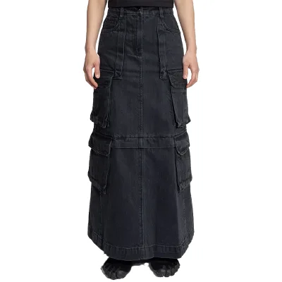 Y2K Revival Custom Women's Extra Long Black Denim Cargo Skirt - Punk Grunge Style with Distressed Details & Utility Pockets