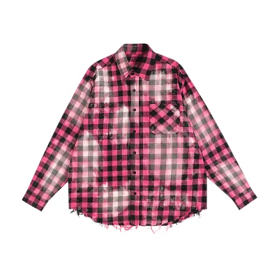 High Quality Button Down Acid Washed Men Long Sleeve Shirt Fashion Plaid Men Shirts