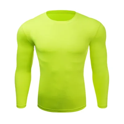 High Elastic Fast Dry Mens Long Sleeve Compression Top Gym Muscle Plain Curved Hem Tee Shirt