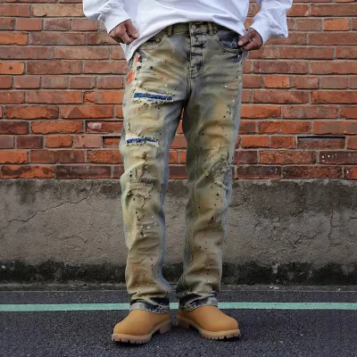 Men Retro Distressed Ripped Jeans Splash Ink Paint Splatter Denim Pants High Street Straight Leg Casual Men Jeans