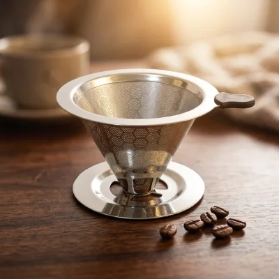 304 Stainless Pour Over Coffee Filter Double Layer Mesh Reusable Paperless Cone Dripper Heat Resistant Handle Single Cup