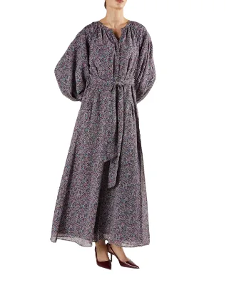 Custom MOQ50 Pcs Manufacturers Floral Belted Balloon-Sleeve Abaya Dress OEM/OEM Service Supplier Abaya Modest Dress