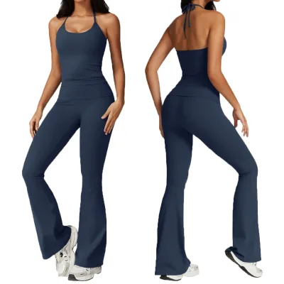 Halter Back Yoga Tank Top Set Women Tightening Tummy High Waist Hip Lift Fitness Flare Pants 2 Pcs Set