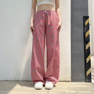 Pastoral Style Plaid Printed Loose Straight Elastic Casual Pants Girlish Style Light Trousers Women