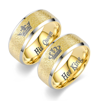 Her King His Queen Golden Ring Mens Women Stainless Steel Rings Wedding Band Anniversary Engagement Promise Crown Ring