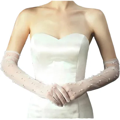 Long Pearl Beaded Fingerless Wedding Gloves New Design Sheer Tulle Bridal Marriage Accessories