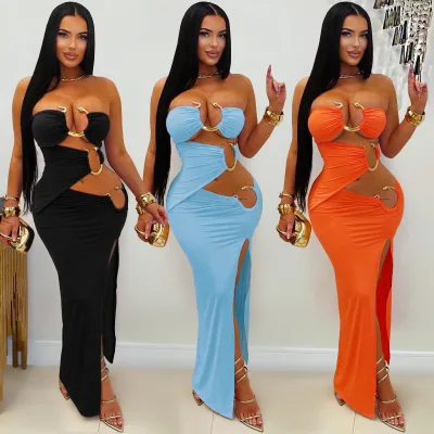 Women Metal Ring Cutout Maxi Dress Strapless Hollow Waist High Slit Bodycon Backless Slinky Night Club Party Long Dress