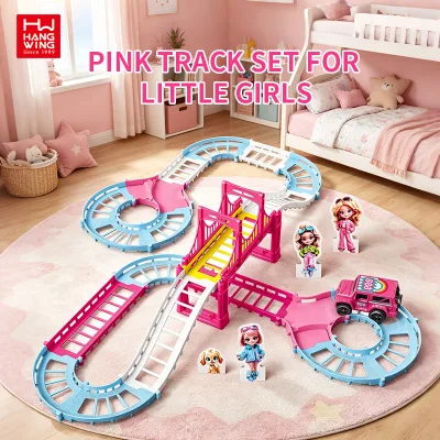 HW Pink Race Track Set for Girls DIY Assemble Flexible Railway Track Toy Electric Multi Layer Bridge Play Set Educational Toy