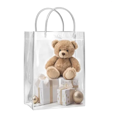 Wholesale New Small Water Resistant Foldable Portable Button Closure PVC Tote/Gift Bag with Hand Length Handle Clear Packaging