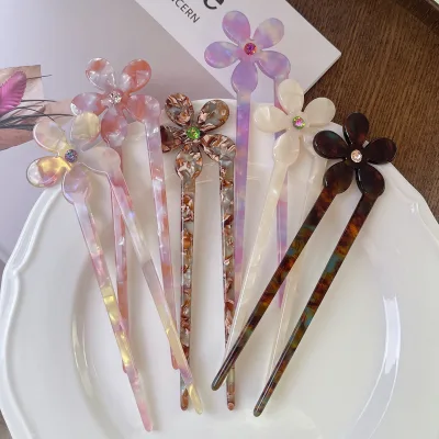 BIZE OEM/ODM Korean Trendy Hair Accessories Acetic Acid Rhinestones Flower Hair Fork Simple Sweet Girl Acetate Petal Hair Stick