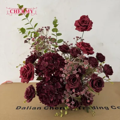Factory Custom Burgundy Silk Flower Table Centerpiece Rose Hydrangea Babysbreath for Wedding Christmas Banquet Table Decor