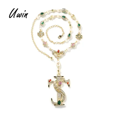 Vintage TS Necklace Gold Plated Brass Chain with Colorful CZ Charms Cross-Shape Pattern Zircon Stones