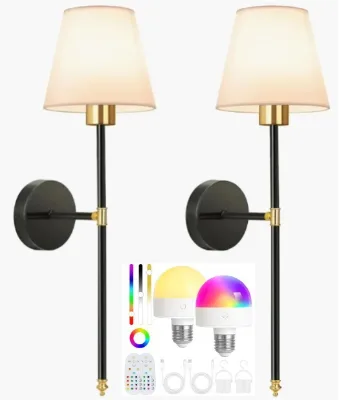 Nordic Minimalist Remote Control LED Wall Lamp Fabric Shade Lightweight Metal Construction Dimmable RGB Living Rooms Bedrooms