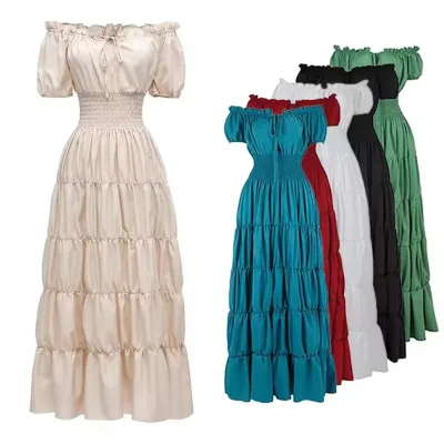 Halloween Party  Medieval Renaissance Dress Boho Short Sleeves Off Shoulder Smocked Waist Retro Pleated Long Dress Costume Gown