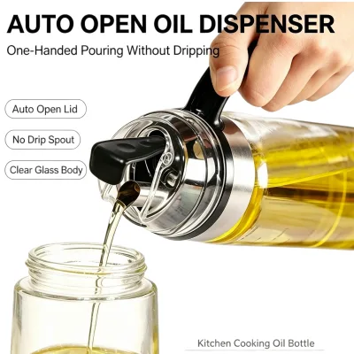 Auto-Open Thick Glass Oil Dispenser | No-Drip Leak-Proof Condiment Bottle with Scale | Kitchen Jar for Oil Vinegar Soy Sauce