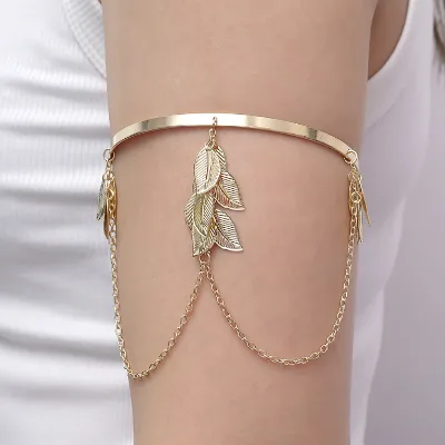 New Fashion Mental Leaf Pendant Tassel Open Arm Bangle Bracelet for Women European American Style Jewelry