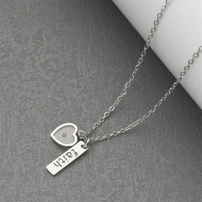 Hot Sale Stainless Steel Love Heart Mustard Seed Necklace Square Faith Letter Heart Pendant Necklace