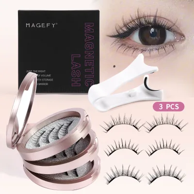 3 Pairs Customize Magnetic Eyelash With Mirror Private Label 3d Soft Natural Long Thick Silk Magnetic Lashes With Clip