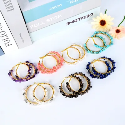 High Quality  Natural Crystal Healing Stone Hand Carved Gravel Round Eardrop Crafts Earring for Women Gift