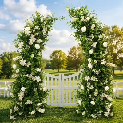 Boho Greenery Horn Shape Artificial Flower Arch White Green Crescent Silk Floral Arch  for Wedding Ceremony Backdrop