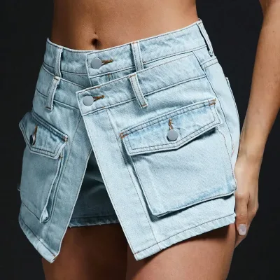 Casual Summer A-Line Mini Skirt Light Wash Mid-Waist Short Denim Jeans Skinny Fit Folded Cargo Women Shorts with Pockets