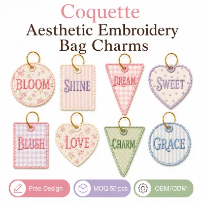Custom Coquette Aesthetic Embroidery Bag Charms Soft Girl Floral Fabric Keychain Personalized Gift Tags Wholesale Bulk