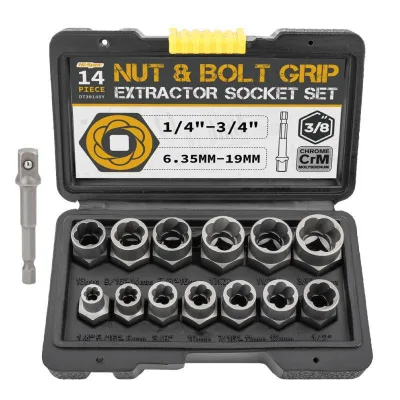 Anti-tooth Sleeve Slip-tooth Rascal Removal Tool BBA Anti-theft 14-Piece Metric/Imperial Gray Box Set Nut Bolt Extractor