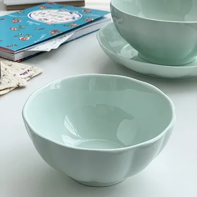 Korean Style Sky Blue Ceramic Pumpkin Bowl Microwave Safe Business Gift for Meal Soup Noodle Yogurt Cereal Rice