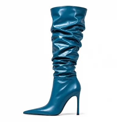 Custom Luxury Women's Knee High Boots Blue PU Slouchy Design 12CM High Heel Pointed Toe Fashion Boots OEM Footwear Factory