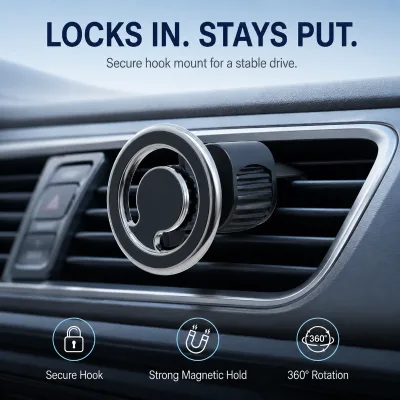 Metallic Rim Twist-Lock Magnetic Suction Cup Mount Hollow Ring Adjustable Holder Compatible MagSafe Stable Premium Interior