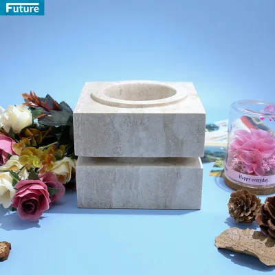 Natural Stone Custom Beige Travertine Cube Vase with Art Deco Design 12cm/Custom Size for Home Centerpieces