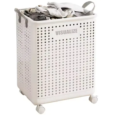 Large Capacity 37-53L Collapsible Universal Wheel Laundry Basket Breathable Plastic Bathroom Storage Basket