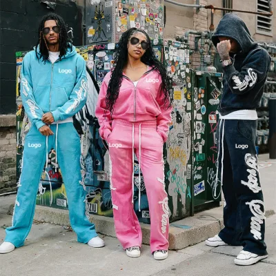 Custom Vintage Unisex Men's Acid Wash Flared Sweatpants Hoodie Set Baggy Cotton Oversized Street Wear Sun Faded Sweatpants Set