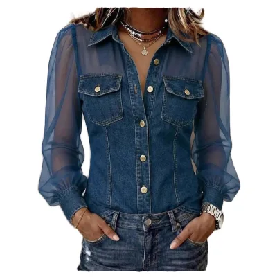 New Arrival Women's Casual Solid V-neck Long Sleeve Button Breathable Washed Distressed Blouse Belt Waterproof Polyester