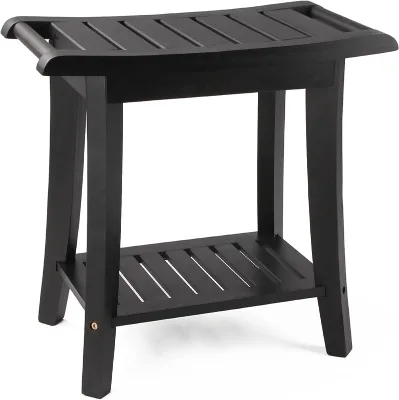 Bamboo Shower Bench Stool 2 Shelves Modern Design Metal Handles Eco-friendly Waterproof Black for Living Room