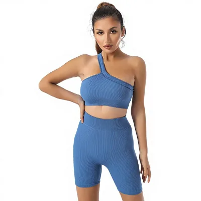 Hangzhou 2022 Spring New Solid Breathable Yoga Outfit Ribbed Long-sleeve Pants Short-sleeve Strap Vest Shorts Seven-piece Set