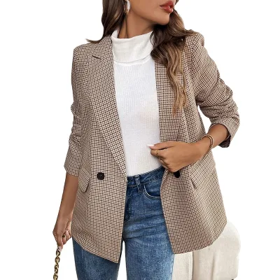 New Women's Commuter Suit Retro Style Plaid Woven Single Button Blazer