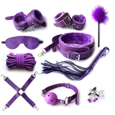 Set of 10 Leather Bondage Sex Toys Handcuffs Gag Whip Collar Bed Restraints for SM Slave Passion Play
