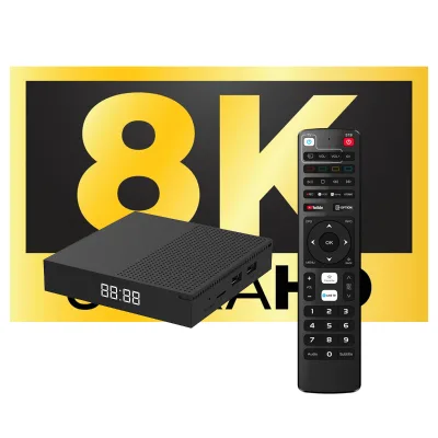 New STB TV Box Android 14.0 8K UHD Dual-Band WiFi6 Quad-core BT5.2 Voice Remote Control ODM Software CE Certified