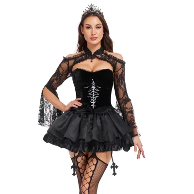 Halloween Dark Gothic Hell Widow Cosplay Set 2026 New Women Sexy Hot Girl Mini Skirt Outfit Gothic Role Play Party Dress Suit